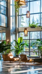 Fototapeta premium Modern Hotel Lobby with Natural Light, Energy Efficient Lighting, and Green Indoor Plants