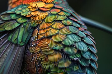 Close-up view of iridescent green and blue feathers showcasing stunning natural patterns in a tropical bird's plumage