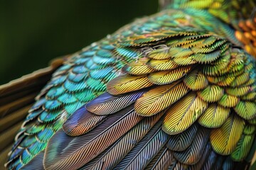 Close-up view of iridescent green and blue feathers showcasing stunning natural patterns in a tropical bird's plumage