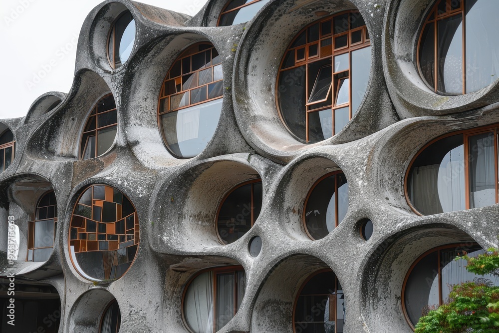Fototapete unique architectural design featuring circular windows on a concrete facade in an urban setting duri