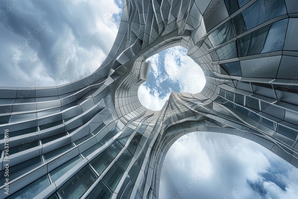 Fototapete unique architectural design featuring circular windows on a concrete facade in an urban setting duri
