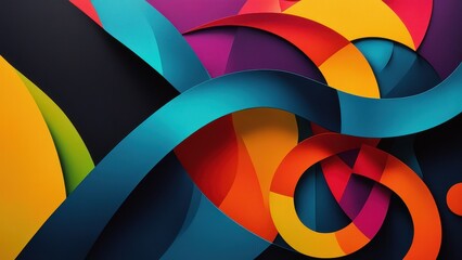 Obraz premium A vibrant abstract design with colorful curves and shapes against a dark background.
