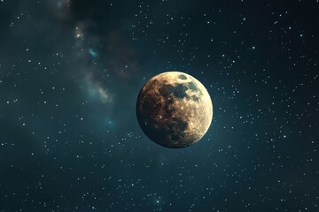 A full moon illuminated against a starry night sky, showcasing intricate lunar surface details and a vibrant cosmic backdrop