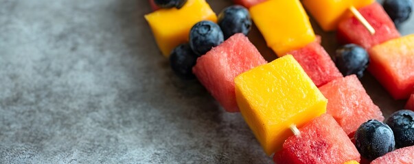 Close-up of a Skewer with Watermelon, Mango, and Blueberries