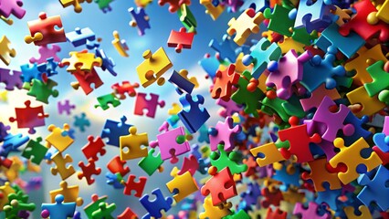 Scattered puzzle pieces in bold bright colors, floating in mid-air, creating a sense of confusion and disorientation.