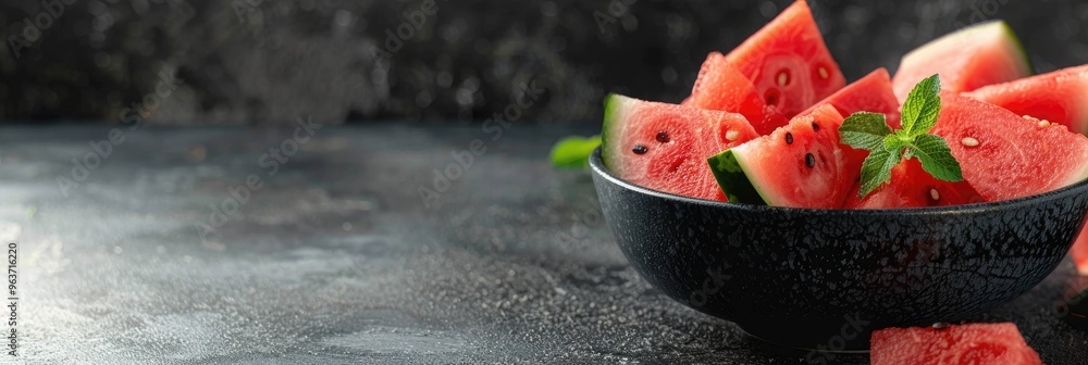 Poster vibrant triangular watermelon slices arranged in a bowl on a surface.
