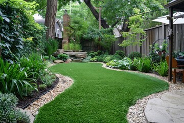 Naklejka premium Modern backyard oasis with a sparkling pool, lush greenery, and comfortable seating arranged for relaxation in a sunny afternoon