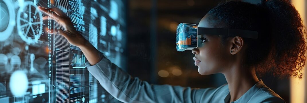 Female IT analyst, African American, uses AR to explore cybersecurity data in a dynamic setting.