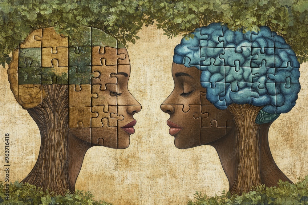 Poster neuronal resilience neurons artistic depiction of two people facing each other their heads merging i