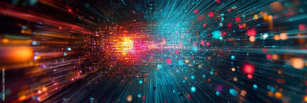 Poster experience a vibrant digital landscape with glowing data particles, fractal clouds, and connected ne