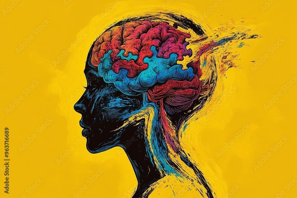Poster brain resilience neurons vibrant artwork of a womans profile with a colorful exploding brain symboli
