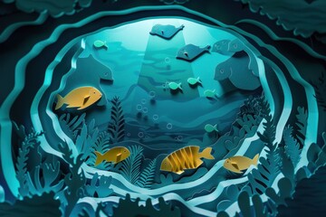 Colorful underwater paper diorama featuring vibrant fish and seaweed in a serene aquatic environment