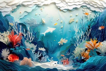 Colorful underwater paper diorama featuring vibrant fish and seaweed in a serene aquatic environment