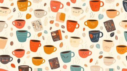 Seamless Pattern of Coffee Cups  on White Background