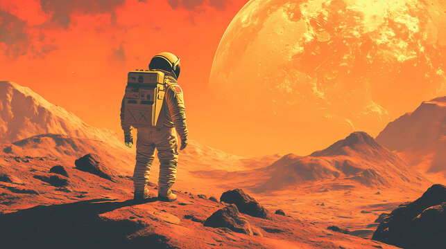 Astronaut mars planet space travel vintage retro illustration scifi adventure futuristic outdated cosmic exploration nostalgic. Retro. Illustration