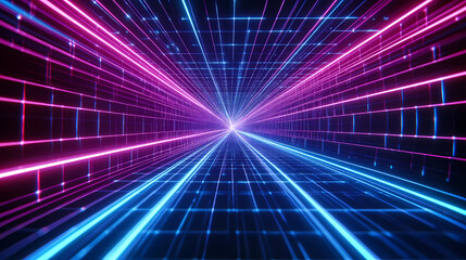 Fototapeta premium 3d retro neon blue abstract background with laser lines. synthwave grid videogame style. vj futuristic sci-fi wireframe net. disco music template. Retro. Illustration