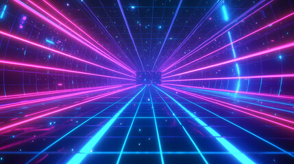 Obraz premium 3d retro neon blue abstract background with laser lines. synthwave grid videogame style. vj futuristic sci-fi wireframe net. disco music template. Retro. Illustration
