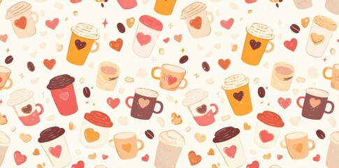 Seamless Pattern of Coffee Cups  on White Background