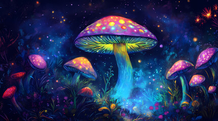 Naklejka premium A psychedelic painting of a mushroom and flowers in the night, ai. Psychedelic. Illustration