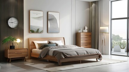 Modern Minimalist Bedroom with Wooden Furniture and Large Window