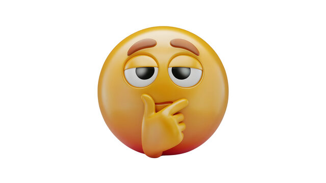 A 3D emoji with a thoughtful expression, hand on chin, and slightly raised eyebrows, as if deep in contemplation or suspicion