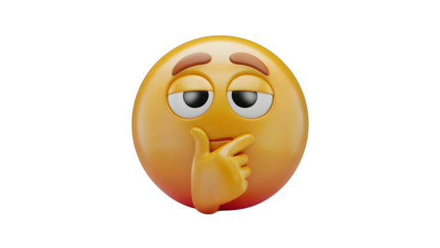 A 3D emoji with a thoughtful expression, hand on chin, and slightly raised eyebrows, as if deep in contemplation or suspicion