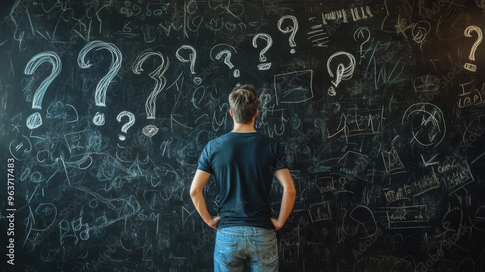 Poster a man stands before a large blackboard, covered in an array of question marks and various scribbles,
