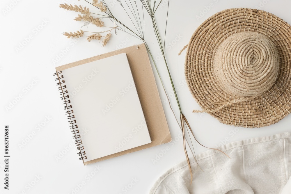 Poster a simple desk setup with a straw hat and a notebook