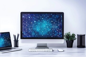 A desktop computer sits on top of a wooden desk, ready for use