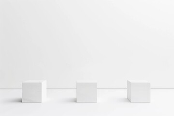 Three small white cubes sit on a plain white surface, perfect for minimalist designs or geometric patterns