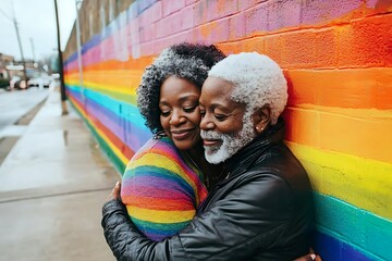 Elderly lesbian couple of African descent embrace at a rainbow pride mural.