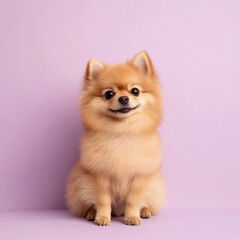Adorable Pomeranian Puppy Posing on Lavender Background with Copy Space