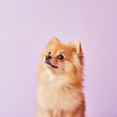 Fototapeta premium Adorable Pomeranian Puppy on Lavender Background - Perfect for Text Overlay
