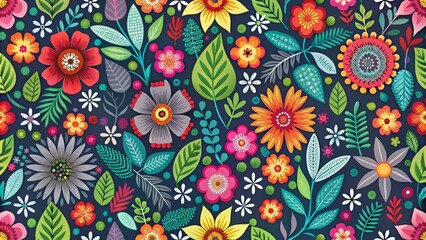 Geometric floral pattern featuring stylized blooms in bold bright colors against a rich charcoal grey background