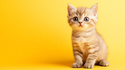 Fototapeta premium Adorable Scottish Fold Kitten on Yellow Background - Perfect for Your Design