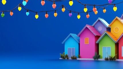 Obraz premium Vibrant Neighborhood Block with Colorful Homes and Festive Lights