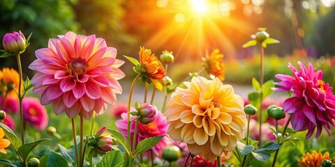Vibrant flowers in a lush garden, bathed in warm sunlight, with delicate petals and leaves, and a sense of movement, as if gently swaying.