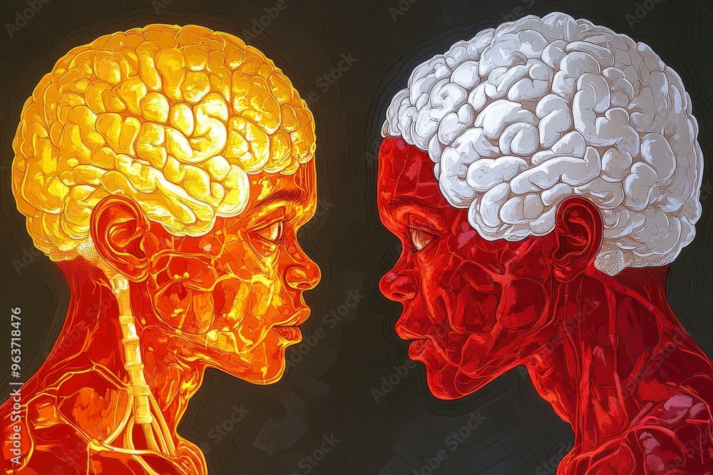 Aufkleber brain resilience cognitive organ futuristic depiction of two glowing brain skeletons symbolizing int