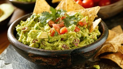 Fresh Guacamole with Crispy Tortilla Chips in a Rustic Bowl