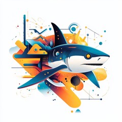 Psychedelic Robotic Shark Digital Art - Abstract Shapes, Blue Orange Yellow