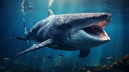 Fototapeta premium Majestic humpback whale swimming in deep blue ocean.