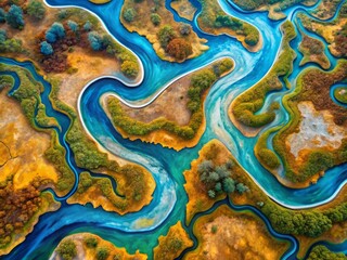 Winding paths of rivers, illustration style with bold brushstrokes and earthy tones, background a soft blue, perspective from above to show the meandering patterns.