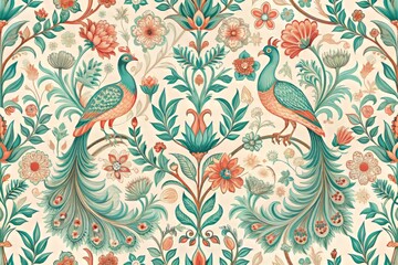 A vintage-inspired, floral pattern featuring a repeating motif of peacocks and scrolling foliage in shades of turquoise, coral, and mint green, on a soft, creamy background.