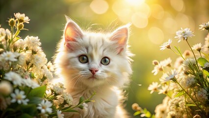 A fluffy white kitten peeks out from behind a delicate flower bouquet, soft sunlight illuminating its whiskers and petal-soft fur.