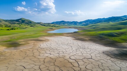 An aerial shot of a vast, cracked plain where a lake once stood, showing the stark difference between the green surrounding hills and the arid basin.