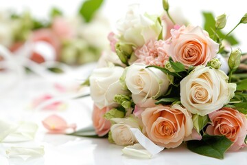 Fototapeta premium A bouquet of fresh flowers sits on a table, perfect for decorating or as a centerpiece