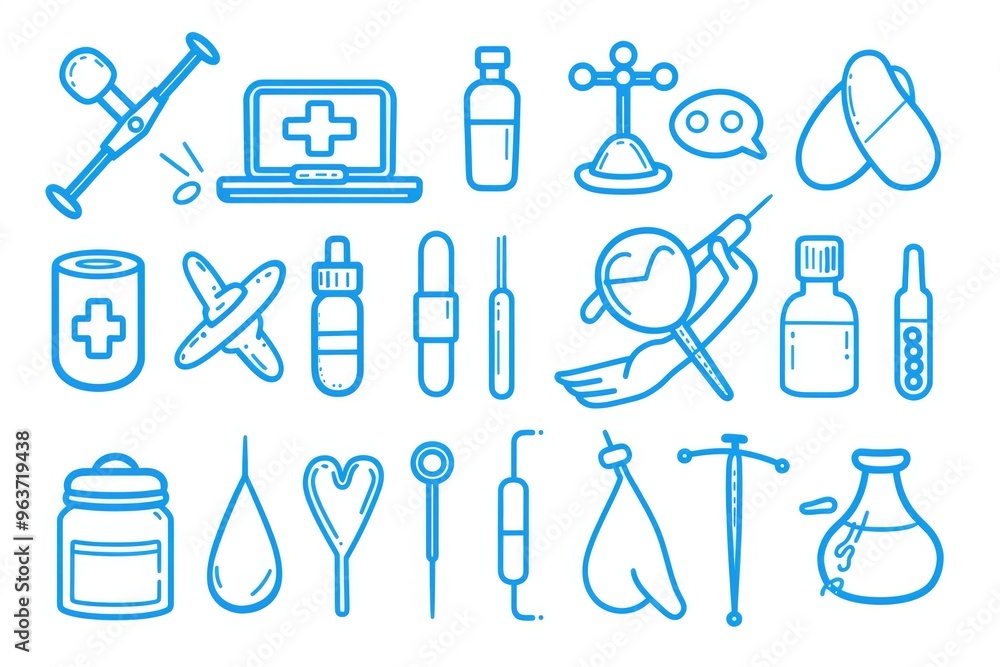 Poster a collection of medical-related objects placed neatly on a white surface for easy reference