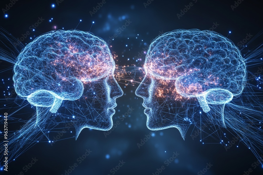 Poster brain agility cognitive organ digital artwork of two glowing heads with neural networks symbolizing 
