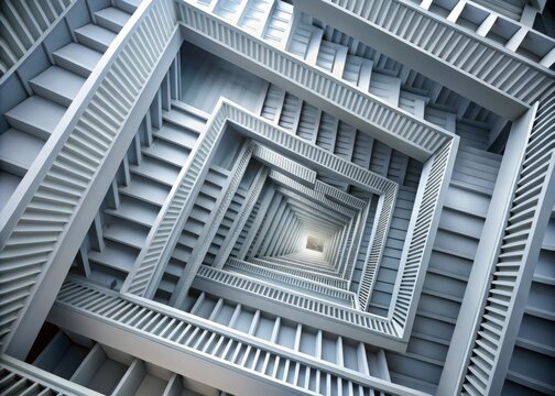 Optical illusion of staircases and corridors leading to infinite loops and spirals in a never-ending maze of white and gray geometric shapes