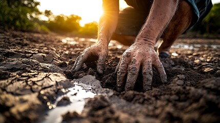 An image of a guy digging in a riverbed with his hands coated in dirt and the scorching sun overhead represents people's unwavering will to live and find hope in the face of climate change.